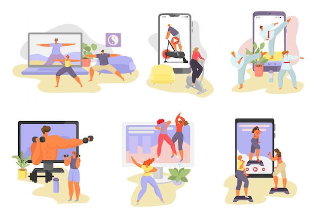 Ilustrações de tutorial de esporte on-line, personagens de desenhos animados homem mulher em atividade de esporte saudável usando o aplicativo de vídeo aulas isolado no branco