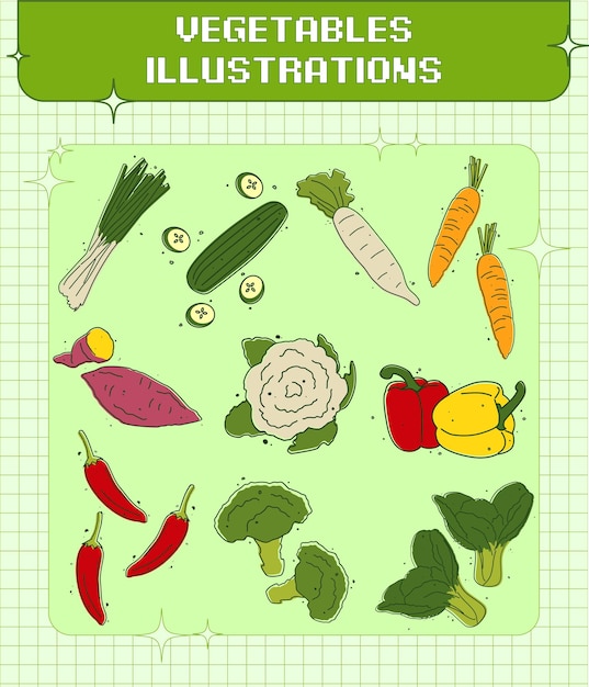 Vetor ilustrações de vegetais de contorno colorido e bonito