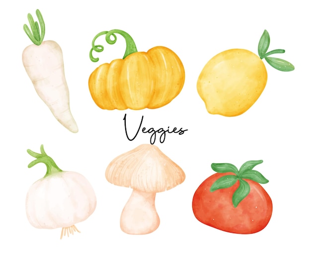 Ilustrações de vegetais frescos e coloridos em estilo aquarela