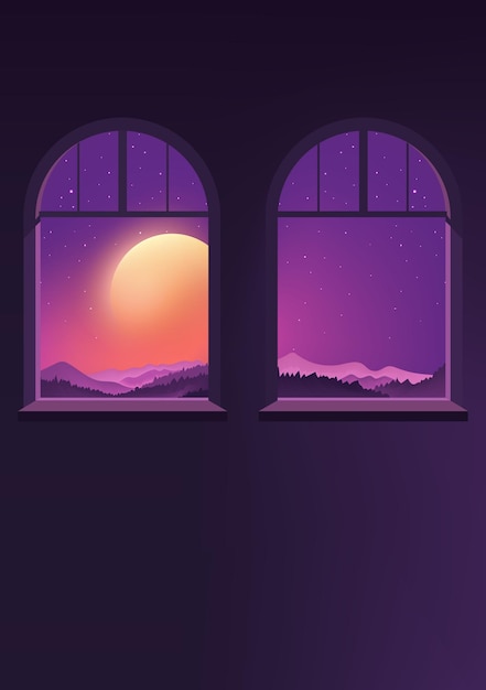 Ilustrações de versão vertical de visão noturna luz da lua fora da janela com a paisagem