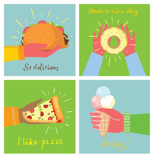 Ilustrações desenhadas à mão de mãos segurando pizza, sorvete, sobremesa e taco em estilo simples