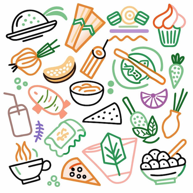 Ilustrações desenhadas à mão de vários alimentos e bebidas