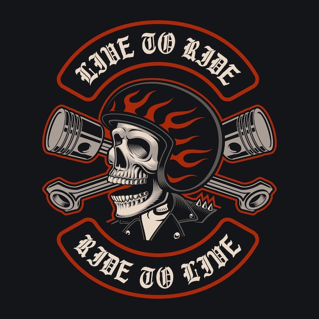 ilustrações do crânio do motociclista com pistões cruzados no fundo escuro. Isso é perfeito para logotipos, estampas de camisa e muitos usos também.