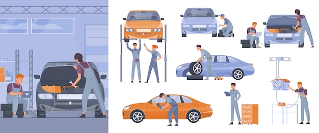 Ilustrações e ícones de manutenção de automóveis em design plano