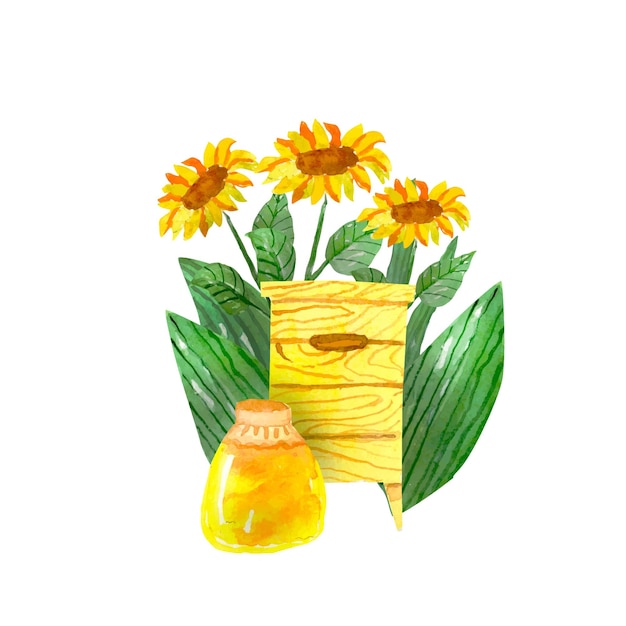 Ilustrações em aquarela de colmeia em elementos de girassóis de flores e ervas isolados em branco