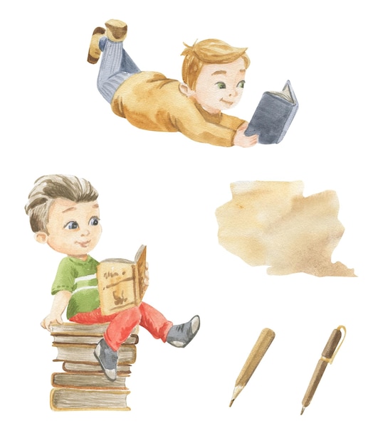 Ilustrações em aquarela de meninos com livros que estão lendo