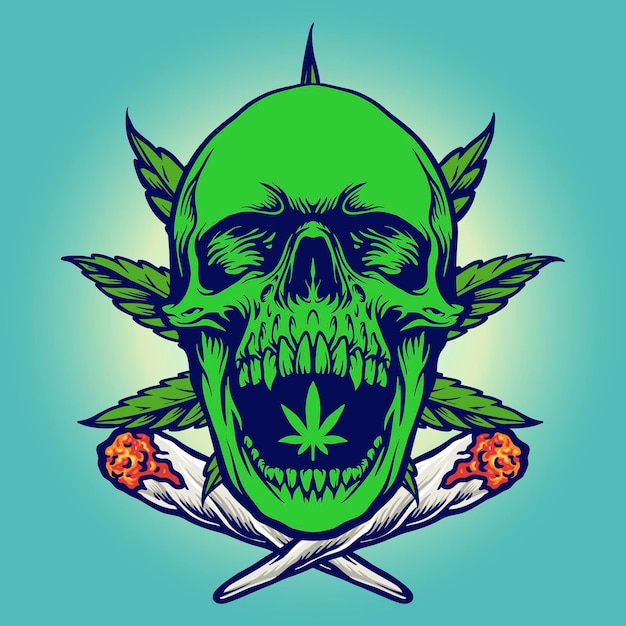 Ilustrações em vetor de fumaça de crânio verde de cannabis