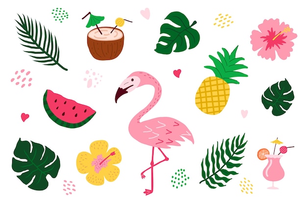 Vetor ilustrações florais tropicais folhas de palmeira hibisco abacaxi flamingo flores exóticas melancia