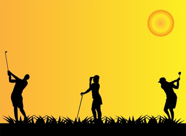 Ilustrações golfista silhueta vista pôr-do-sol