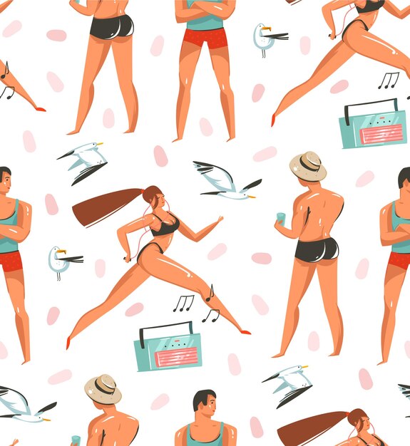 Vetor ilustrações gráficas de horário de verão padrão artístico sem costura com pessoas relaxantes