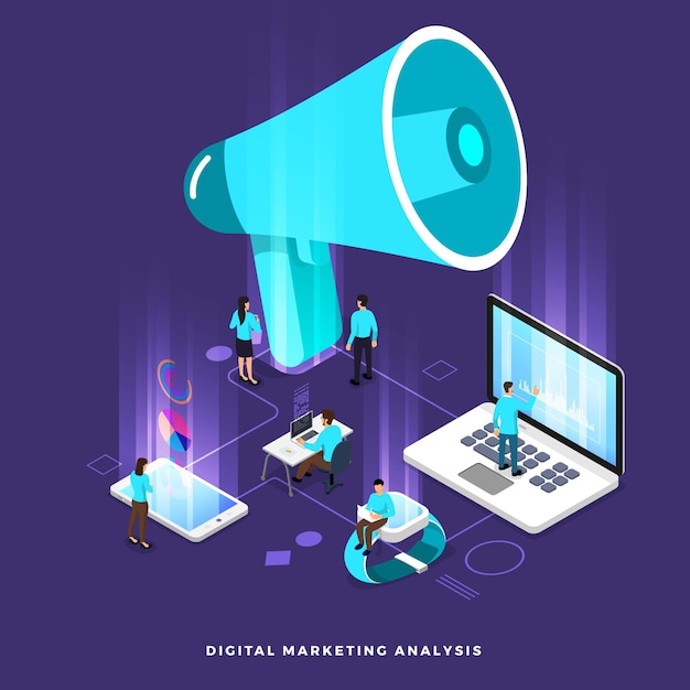 Ilustrações isométricas conceito de negócio, análise de trabalho em equipe, marketing digital