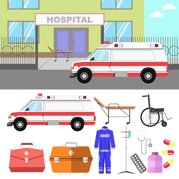 Vetor ilustrações médicas com carro de hospital e ambulância.