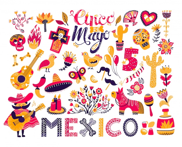 Ilustrações mexicanas de cinco de maio, ornamento folclórico tradicional dos desenhos animados ou elemento de festa do ícone do méxico isolado no branco