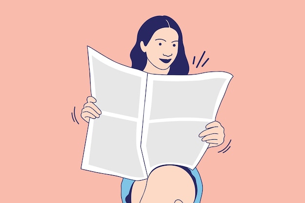 Ilustrações mulher jovem e bonita lendo um jornal de manhã