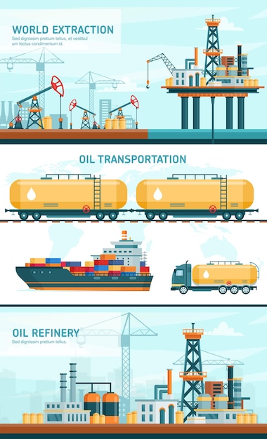 Ilustrações planas de tecnologia de indústria de petróleo e gás. infográfico de desenho animado processando gasolina