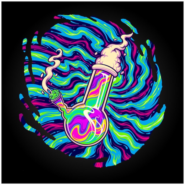 Ilustrações psicodélicas do logotipo do bong de vidro fumando maconha
