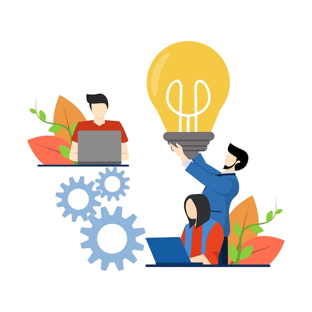Ilustrações sobre como encontrar novas soluções de ideias ou trabalhar juntos em uma empresa ou fazer brainstorming