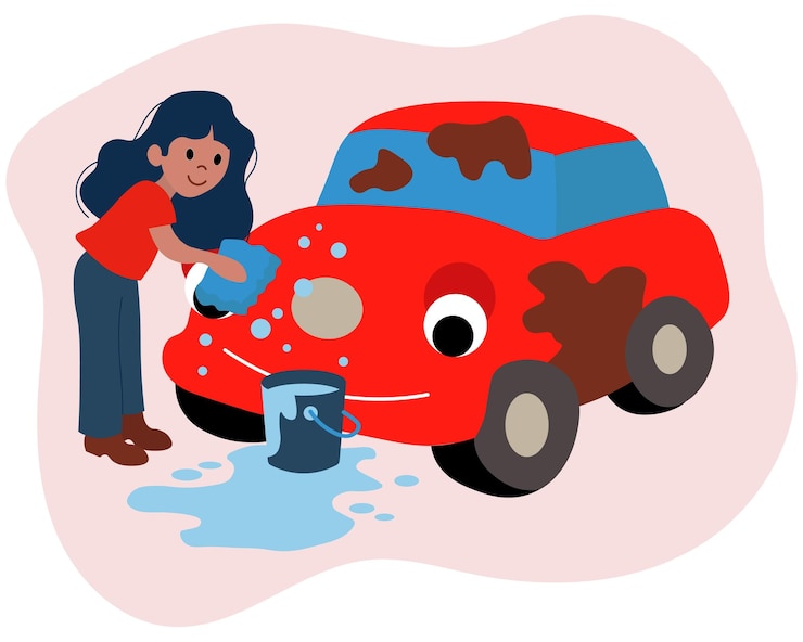 Vetor ilustrações sobre o tema de uma lavagem de carro uma jovem lava um carro vermelho sujo