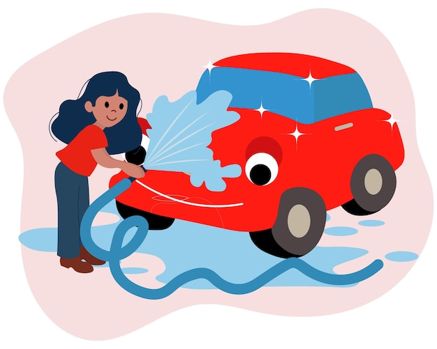 Ilustrações sobre o tema de uma lavagem de carro uma jovem lava um carro vermelho sujo