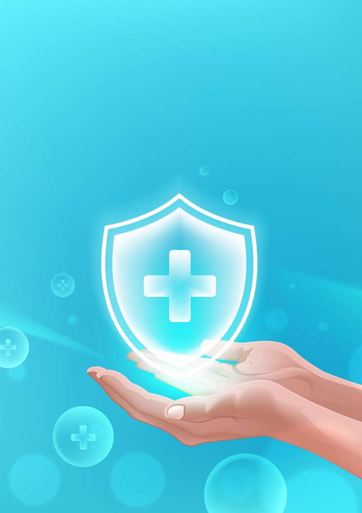 Vetor ilustrações verticais de temas médicos segurando escudos protetores em ambas as mãos