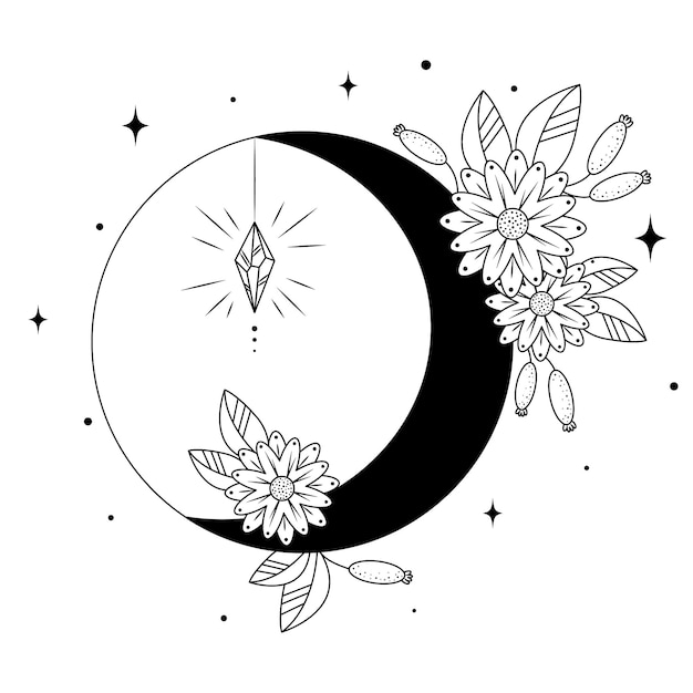 Vetor ilustrações vetoriais com silhueta de lua em fundo branco, cristal, desenho de doodle místico desenhado