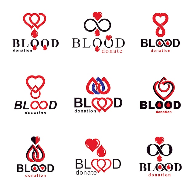 Ilustrações vetoriais criadas em tema de doação de sangue, metáfora de transfusão de sangue e circulação. logotipos vetoriais conceituais de reabilitação para uso em farmacologia.