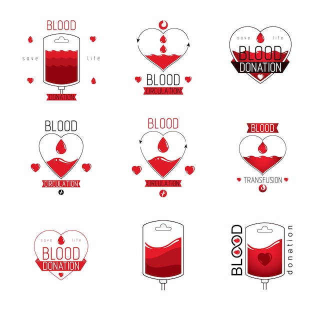 Ilustrações vetoriais criadas em tema de doação de sangue, metáfora de transfusão de sangue e circulação. logotipos vetoriais conceituais de reabilitação para uso em farmacologia.