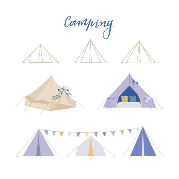 Ilustrações vetoriais de acampamento boho tenda linha tipi para web sobre acampamento de verão descanso natural