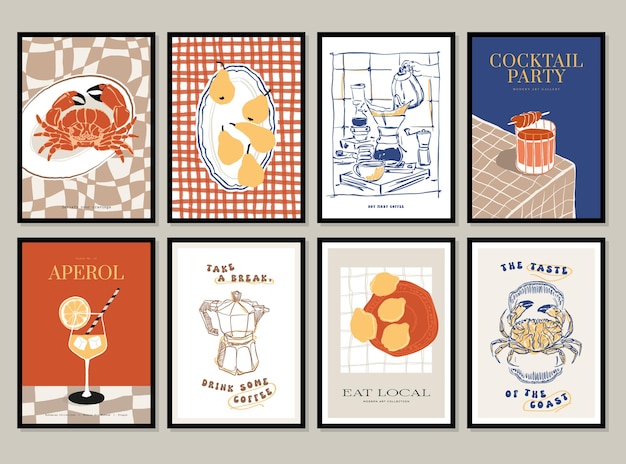 Ilustrações vetoriais de alimentos e bebidas para coleção de design de pôsteres