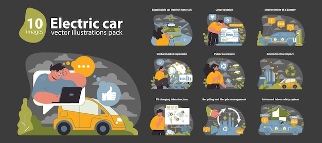 Vetor ilustrações vetoriais de carros elétricos embalam um conjunto abrangente de visuais explorando veículos elétricos