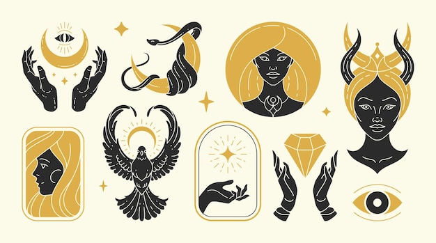 Ilustrações vetoriais de mulher mágica de mulheres femininas graciosas e conjunto de símbolos esotéricos
