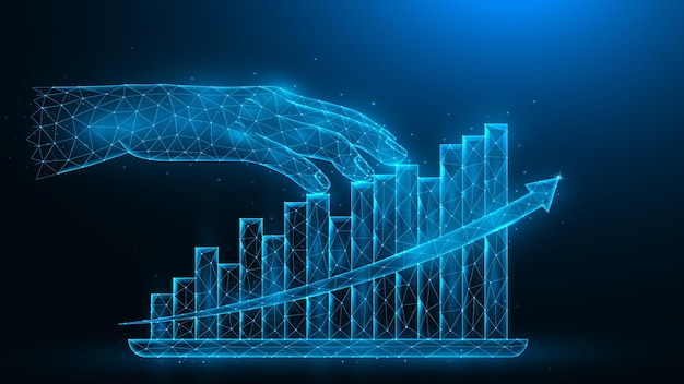 Vetor ilustrações vetoriais poligonais da mão e gráficos analíticos em um fundo azul escuro