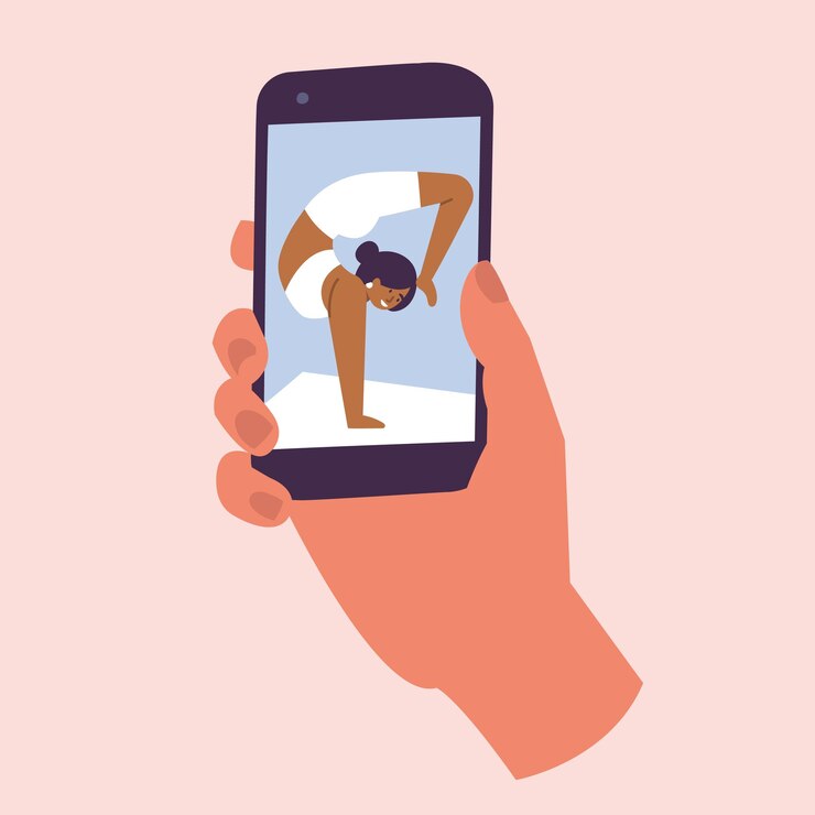 Vetor ilustrações vetoriais segurando o telefone com o aplicativo de abertura para exercícios de ioga cursos de ioga on-line
