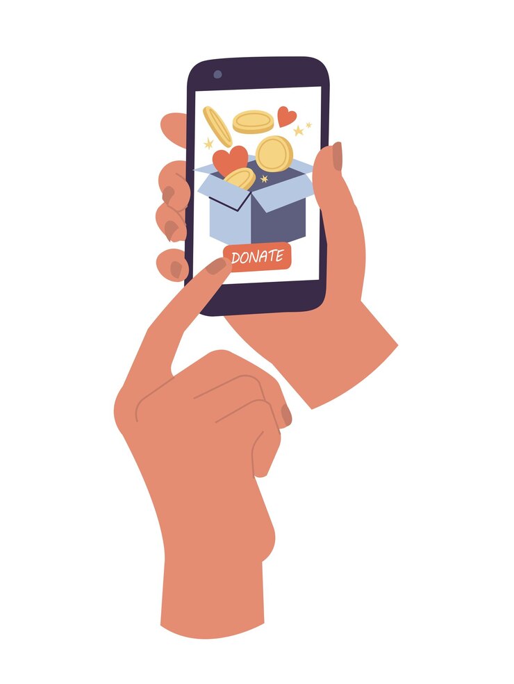 Vetor ilustrações vetoriais segurando telefone com caixa de doação com moeda de ouro e corações conceito de caridade