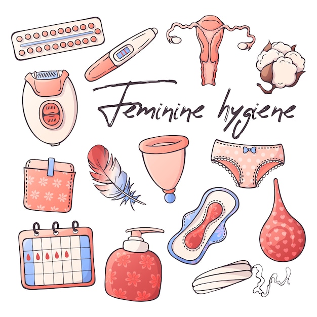 Ilustrações vetoriais sobre o tema de higiene feminina.