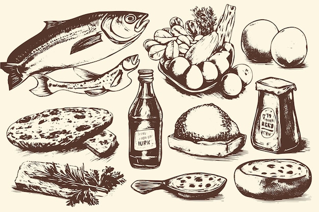 Ilustrações vintage de vários produtos agrícolas naturais, como carne, queijo, pão, leite, ovos, peixe e legumes