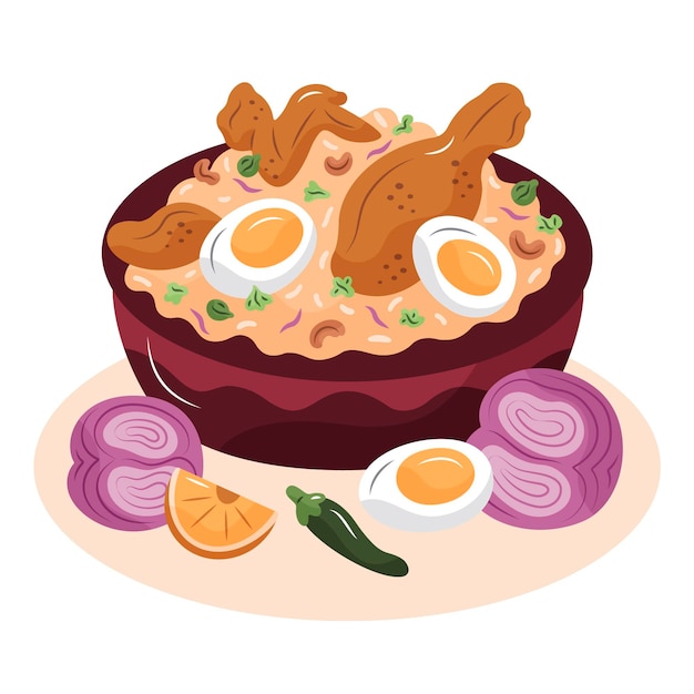 Ilustrado desenhado à mão com frango biryani delicioso