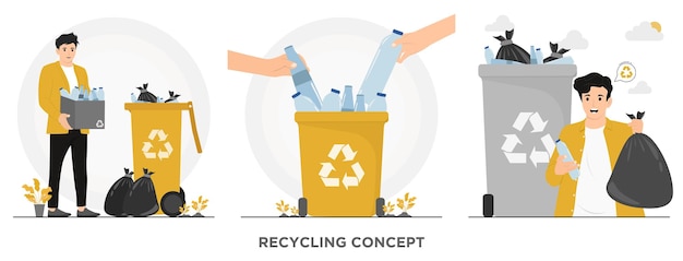 Ilustrador de conceito de lixo de reciclagem de pessoas de vetor plano