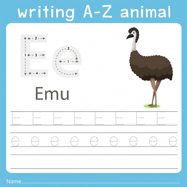 Vetor ilustrador, escrita, az, animal, de, emu