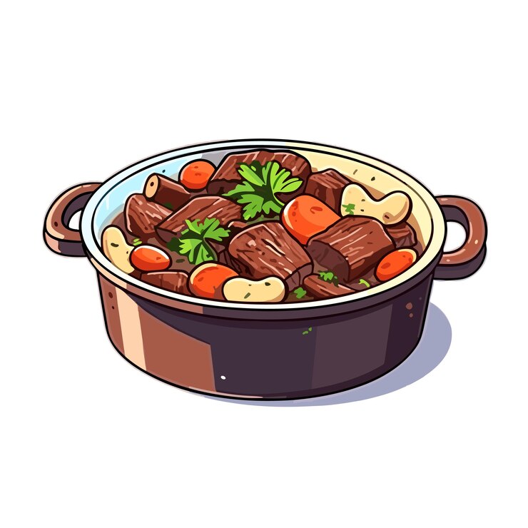 Vetor ilustrador vetorial de desenho animado de comida de frança bourguignon de carne bovina