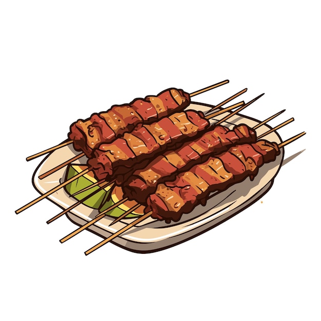 Vetor ilustrador vetorial de desenho animado de comida indonésia satay de carne bovina