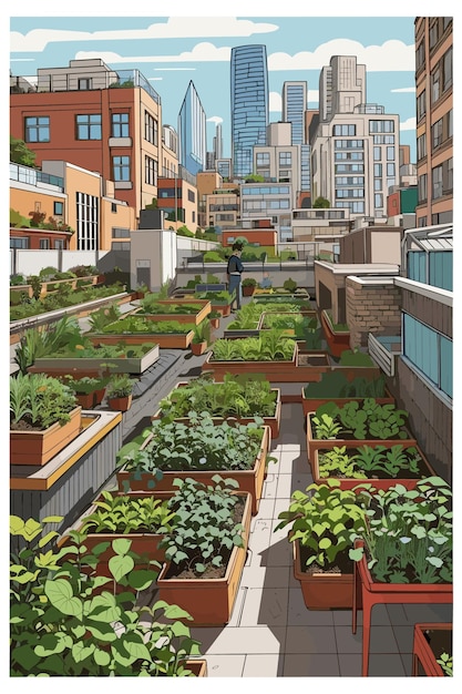 Vetor ilustre uma paisagem urbana com jardins em telhados e hortas comunitárias, destacando a agricultura urbana e seu papel na vida sustentável