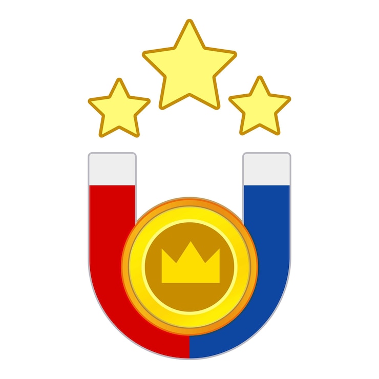 Vetor imã atraindo moeda de ouro com coroa e estrelas conceito de atração de riqueza