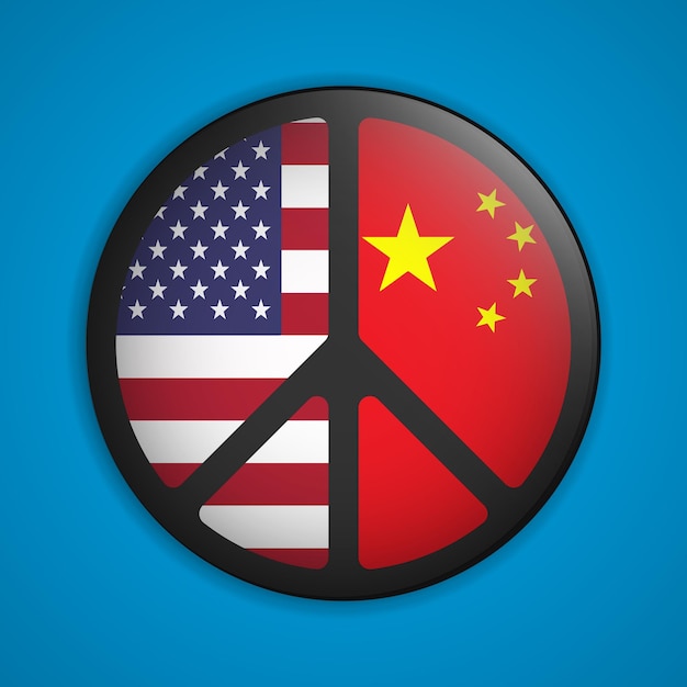 Ímã de distintivo de ícone de paz preta sinal de logotipo do pacífico bandeiras americanas e chinesas confronto militar entre eua e china elemento de design para movimentos de paz ilustração vetorial eps10