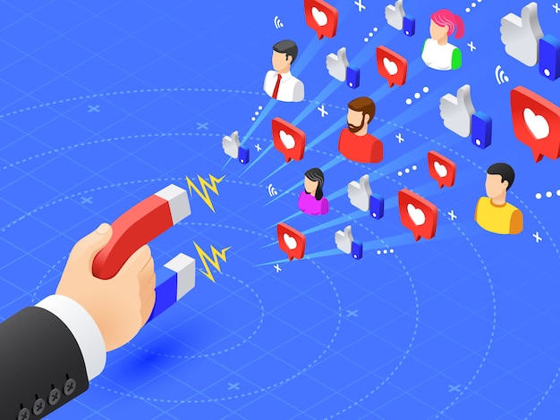 Ímã de marketing que envolve seguidores. A mídia social gosta e segue o magnetismo. Influenciador anunciar ilustração vetorial de estratégia