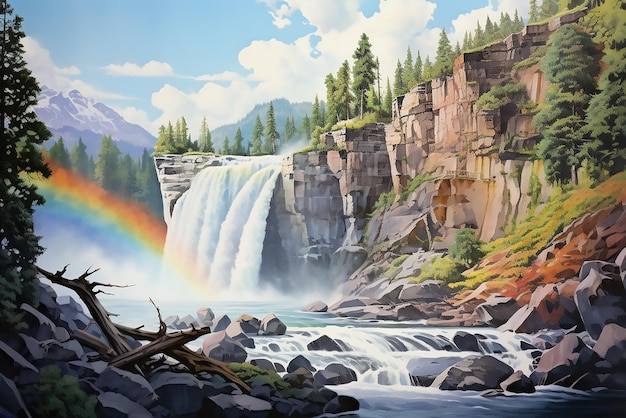 Vetor imagem artística de pintura a óleo do arco-íris perto de uma cachoeira em uma floresta com árvores muito altas