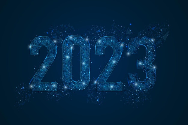 Vetor imagem azul isolada abstrata do ano novo número 2023 a ilustração poligonal de baixo poli wireframe parece estrelas no céu noturno blask em espase ou cacos de vidro voador digital web design de internet