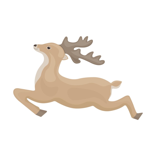 Imagem bonita de um cervo correndo com grandes chifres. Rena de Natal de Papai Noel em estilo cartoon. Ilustração vetorial isolada em um fundo branco