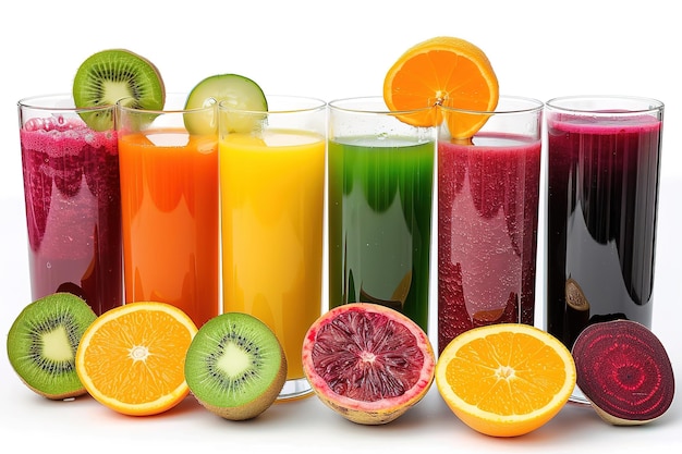 Imagem conceitual de suco fresco derramado de frutas e legumes em copos isolados em um branco