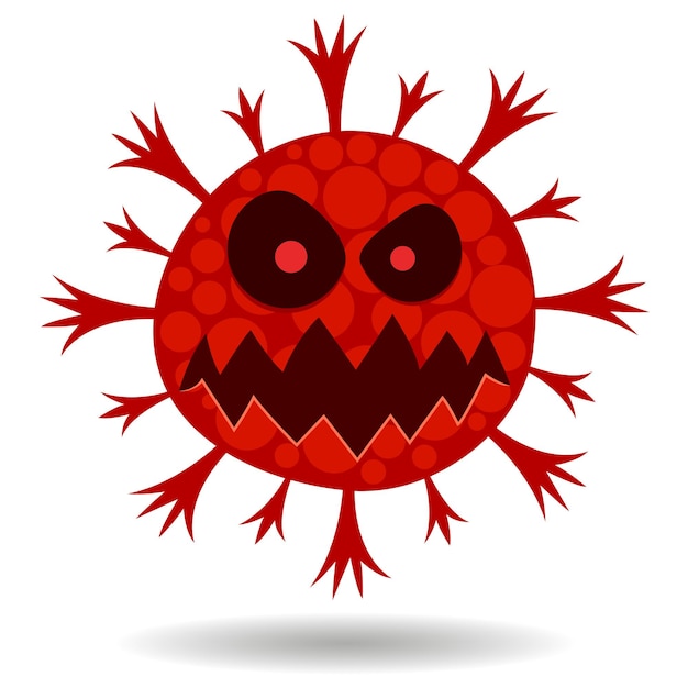 Imagem de desenho animado do rosto de vírus vermelho com raiva, ilustração de germes em fundo branco.